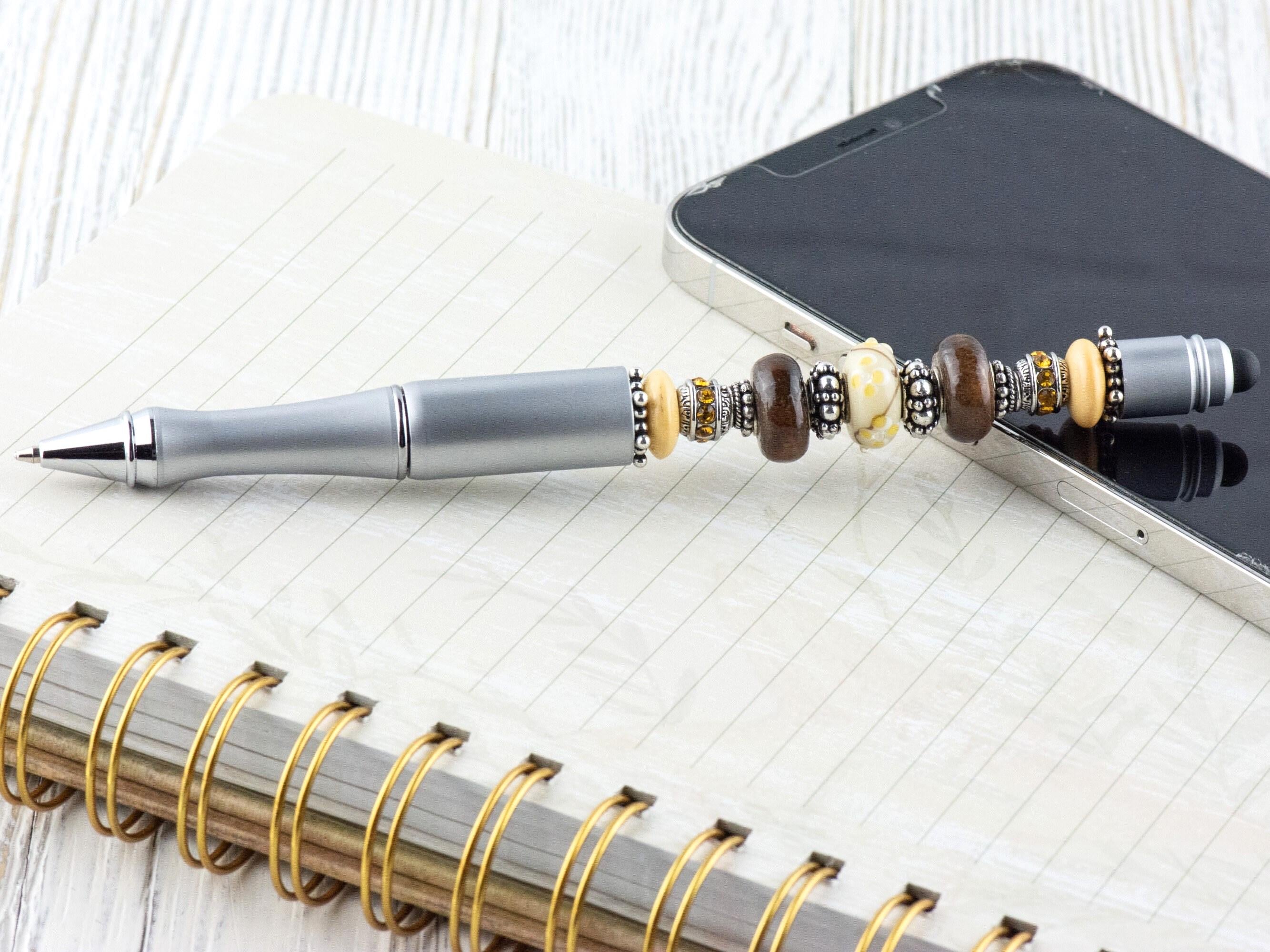 Walk Thru the Woods Beaded Silver Stylus Pen • Lampwork Glass Beads • Metal Ballpoint