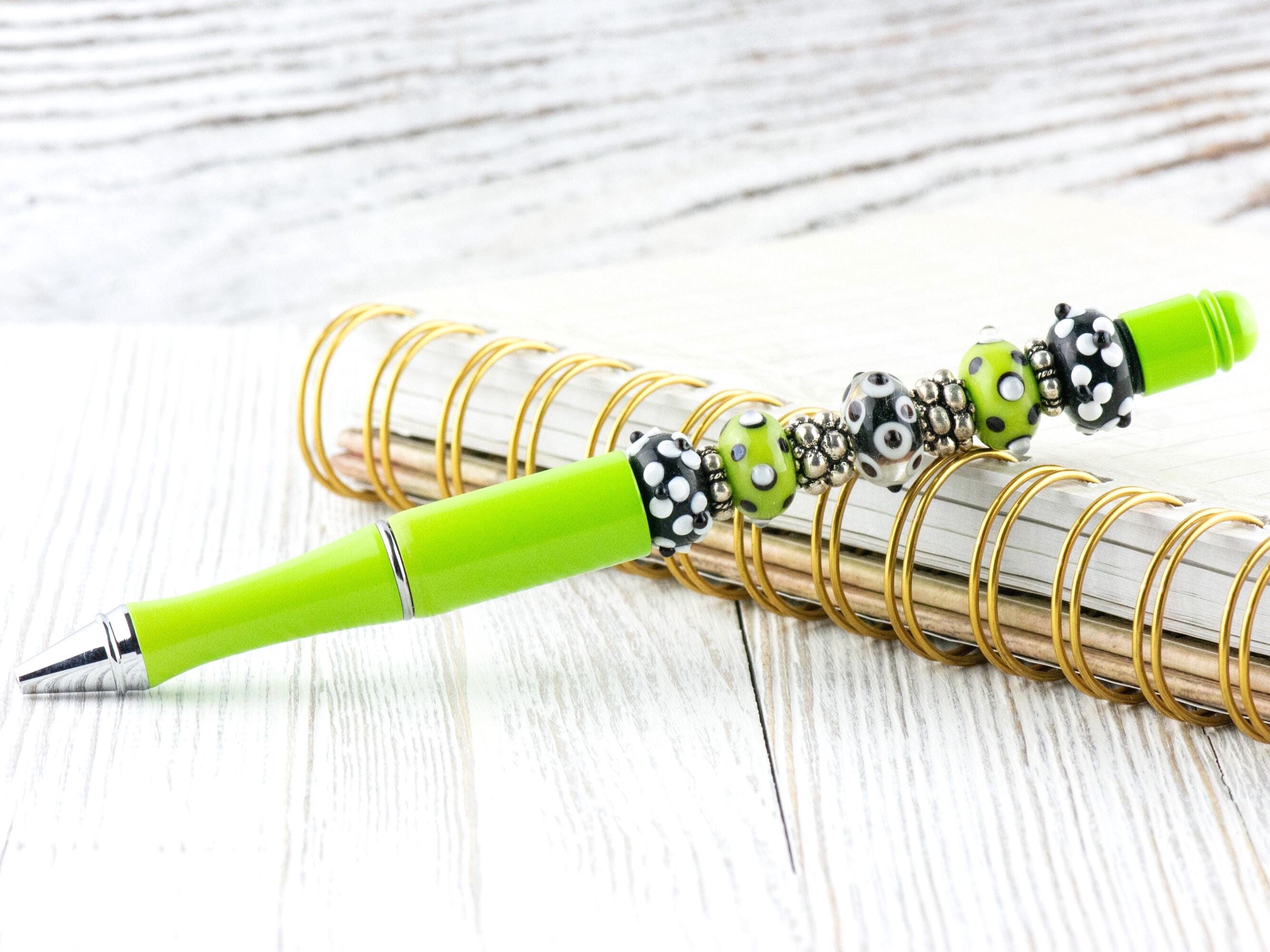 Lime Green Beaded Metal Ballpoint Pen with Lampwork Glass Beads