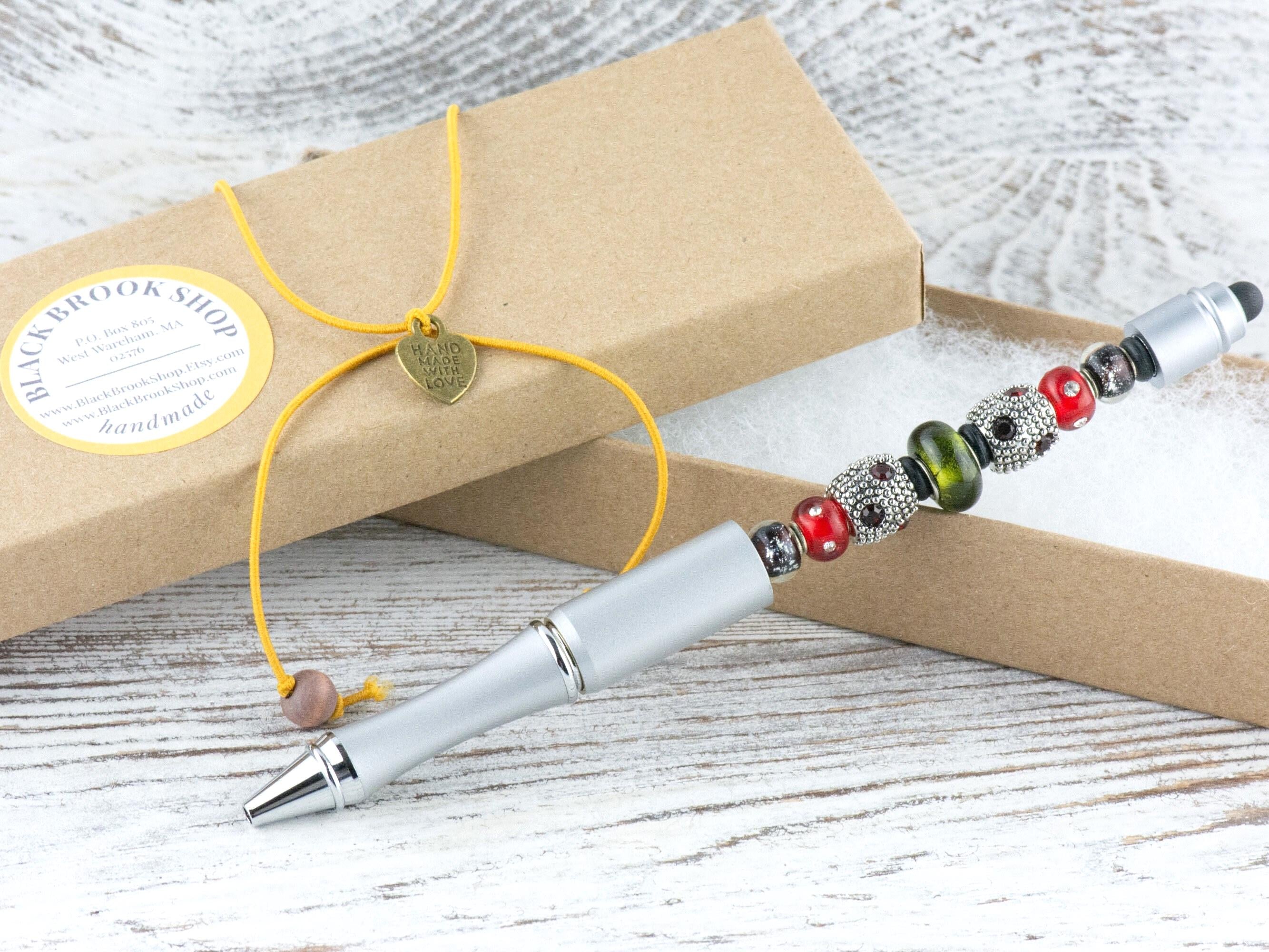Vintage Christmas Beaded Silver Stylus Pen • Lampwork Glass Beads • Metal Ballpoint