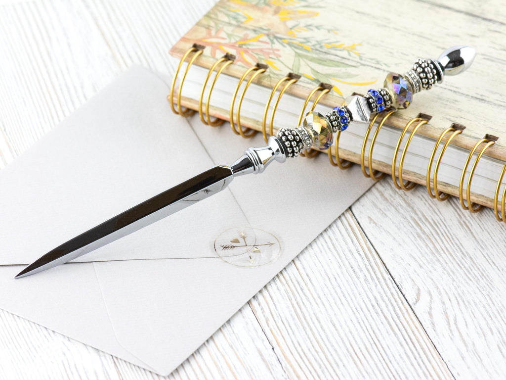 Blue Shale Glass Beaded Silver Letter Opener • Paper Knife • Desk Accessory