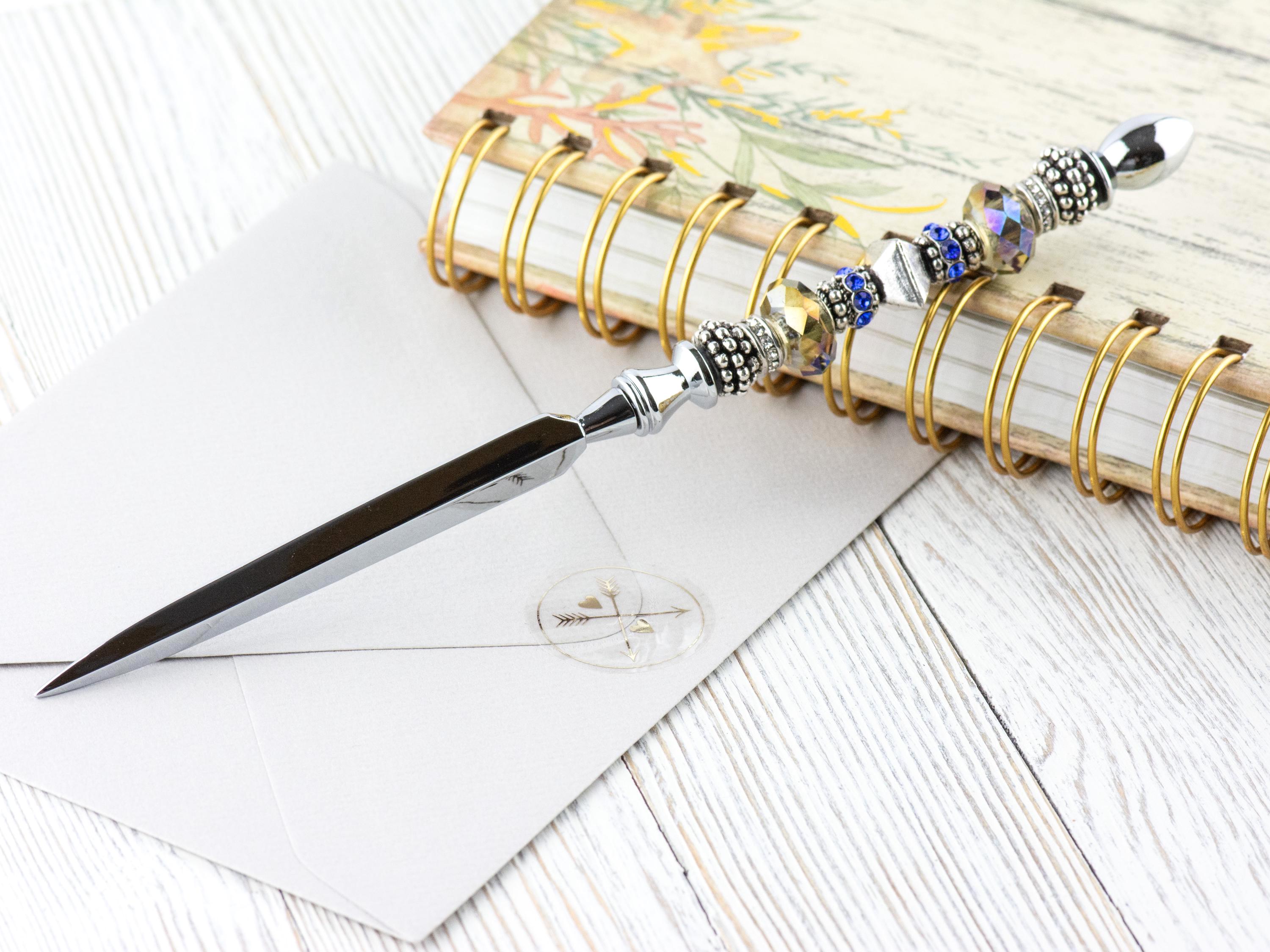 Blue Shale Glass Beaded Silver Letter Opener • Paper Knife • Desk Accessory