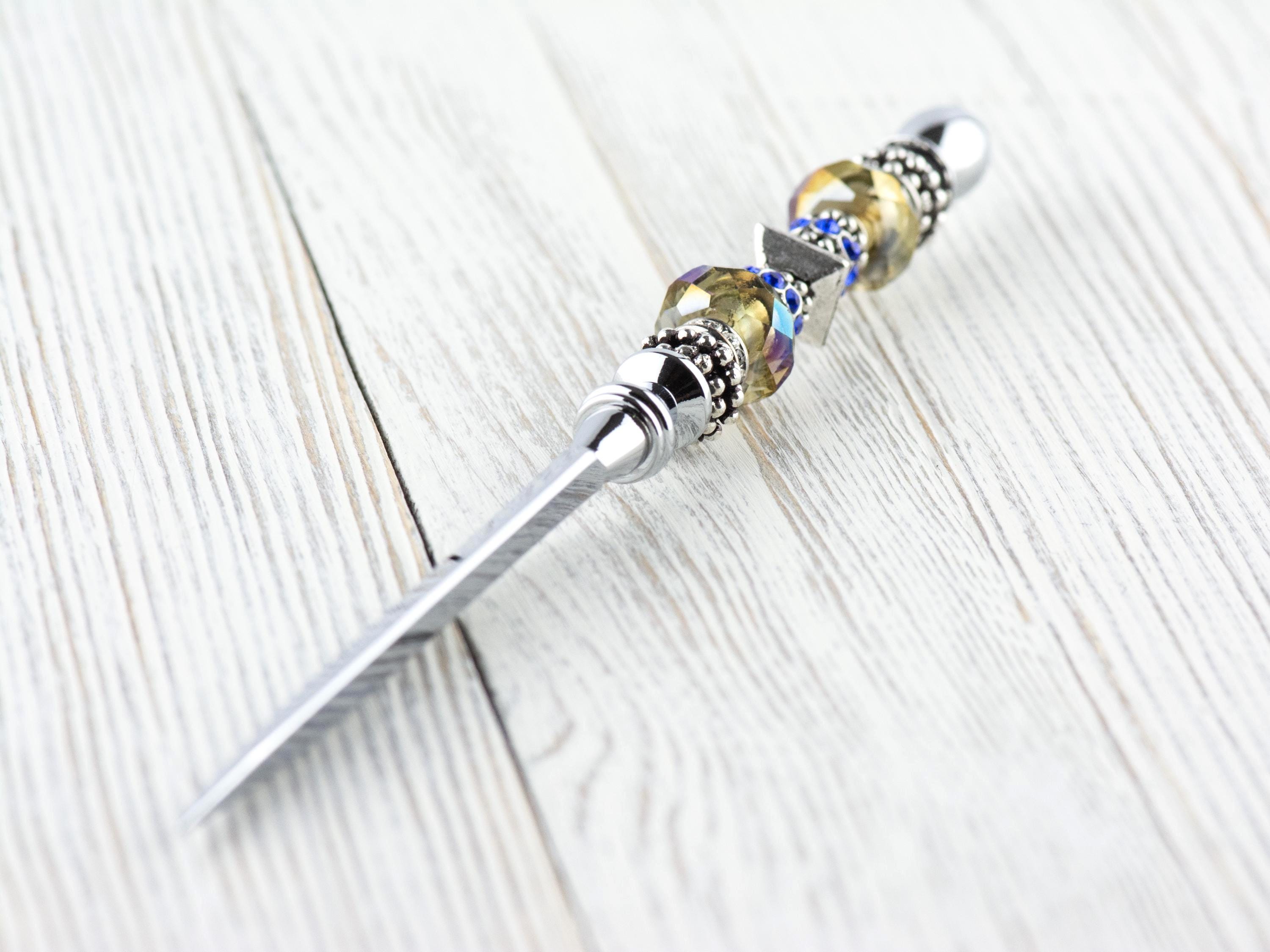 Blue Shale Glass Beaded Silver Letter Opener • Paper Knife • Desk Accessory