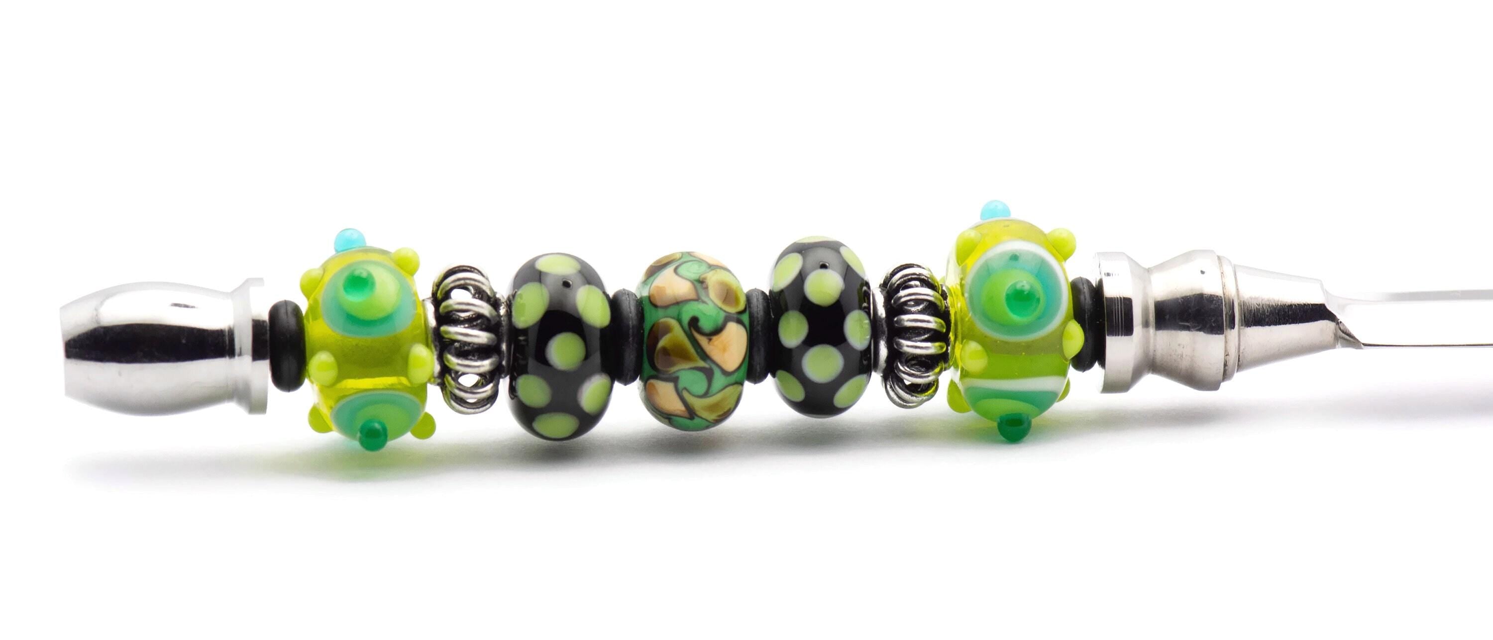 Green Dotted Glass Beaded Silver Letter Opener • Paper Knife • Desk Accessory