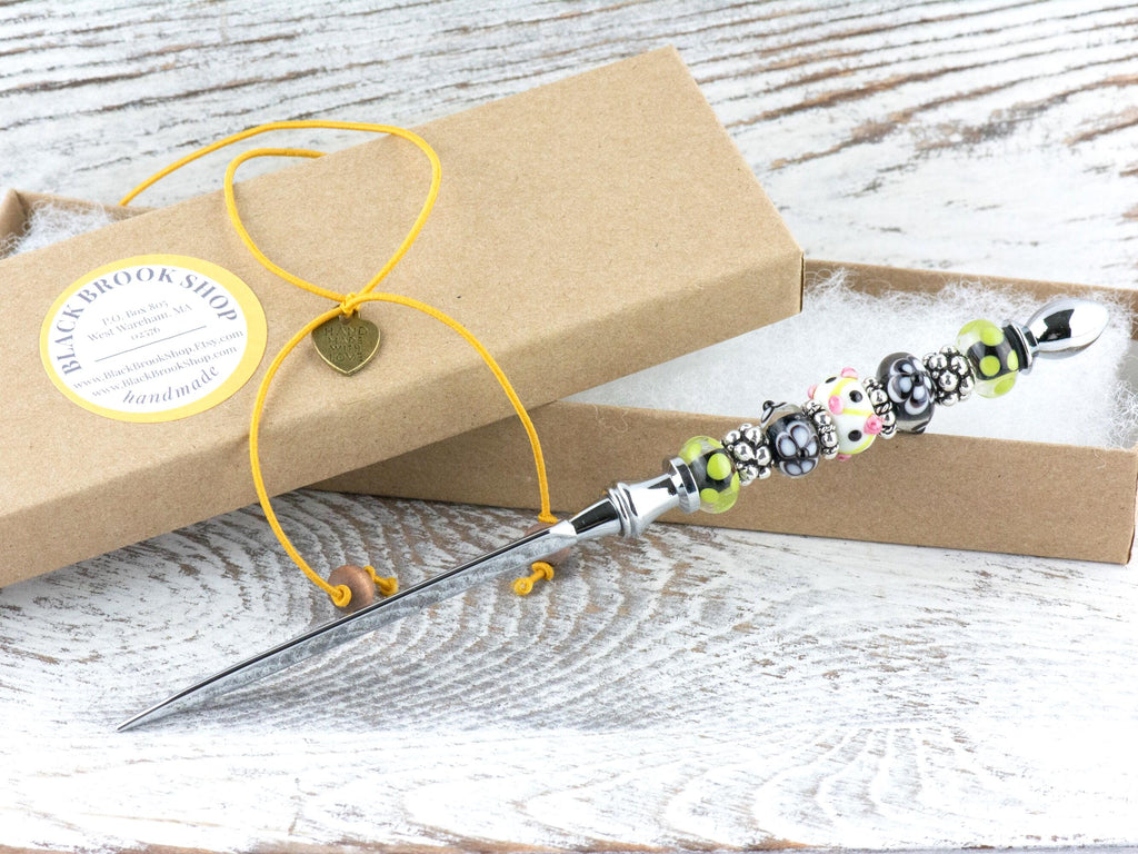 Floral Pop Glass Beaded Silver Letter Opener • Paper Knife • Desk Accessory