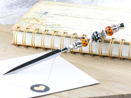 Animal Print Glass Beaded Silver Letter Opener • Paper Knife • Desk Accessory