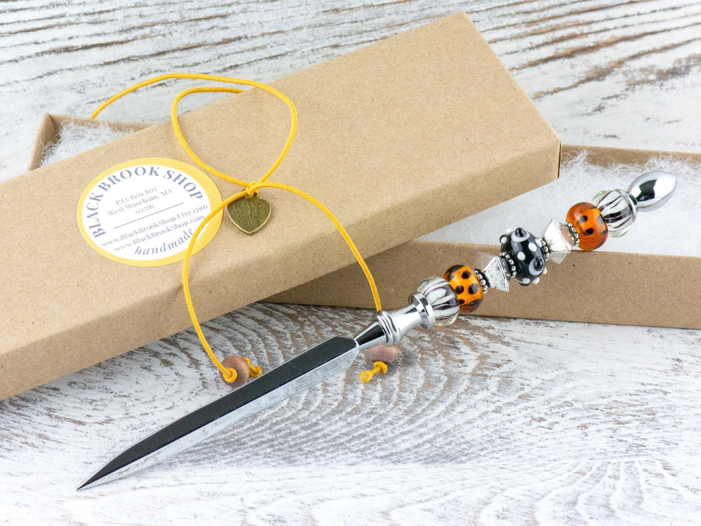 Animal Print Glass Beaded Silver Letter Opener • Paper Knife • Desk Accessory