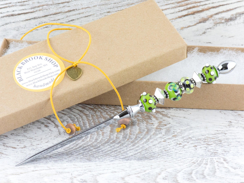 Green and Silver Glass Beaded Silver Letter Opener • Paper Knife • Desk Accessory