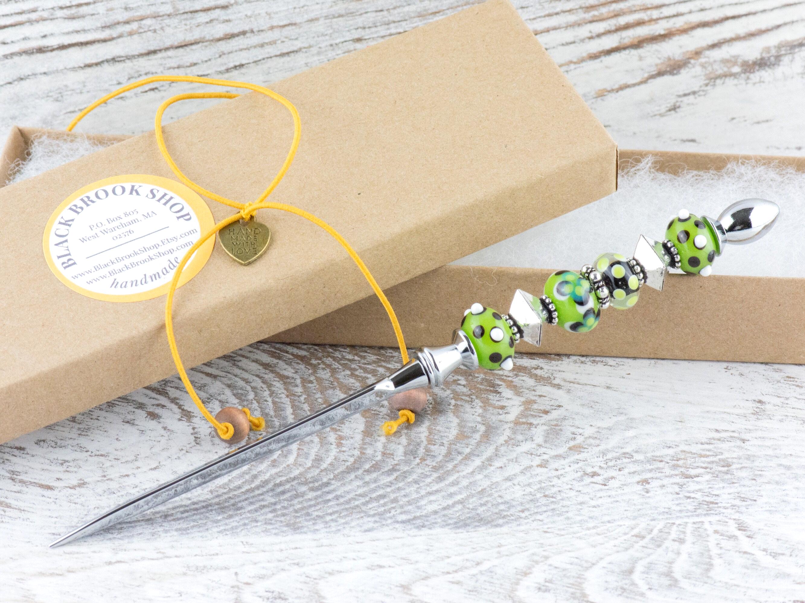Green and Silver Glass Beaded Silver Letter Opener • Paper Knife • Desk Accessory