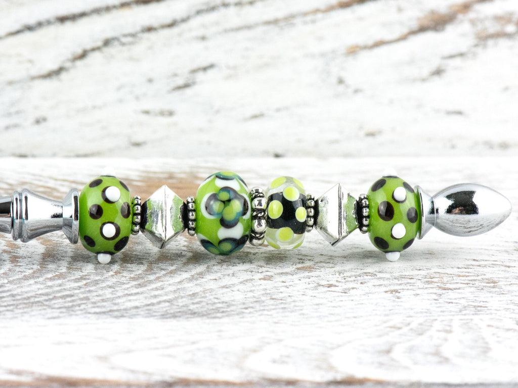 Green and Silver Glass Beaded Silver Letter Opener • Paper Knife • Desk Accessory