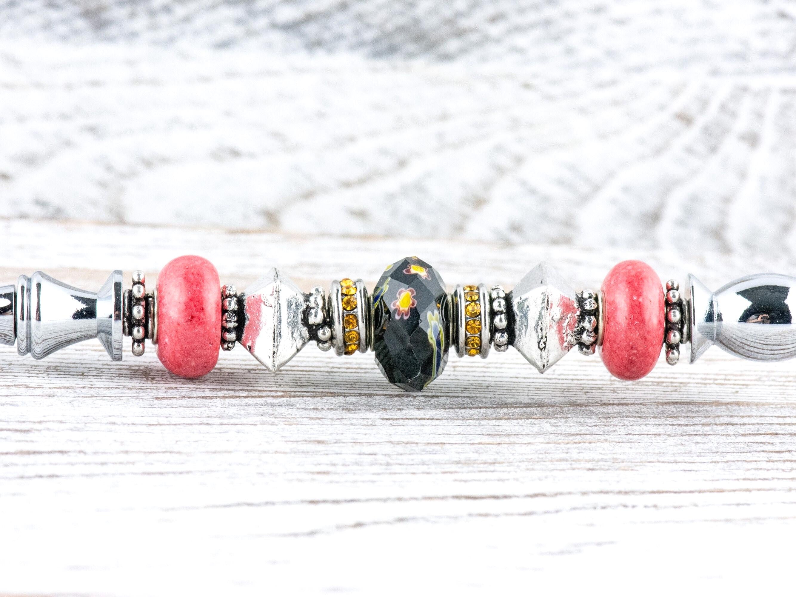 Midnight Rose Glass Beaded Silver Letter Opener • Paper Knife • Desk Accessory