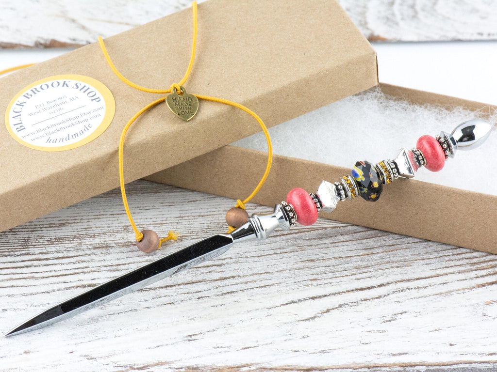 Midnight Rose Glass Beaded Silver Letter Opener • Paper Knife • Desk Accessory