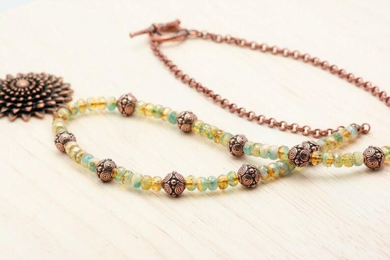 Aqua Gold, Daisy Necklace, Flower Pendant, Copper Chain, Toggle Clasp Necklace, Handmade Beaded Jewelry