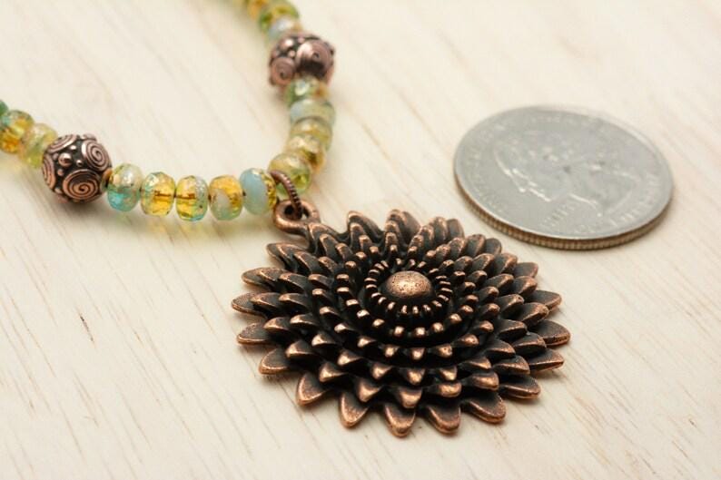 Aqua Gold, Daisy Necklace, Flower Pendant, Copper Chain, Toggle Clasp Necklace, Handmade Beaded Jewelry