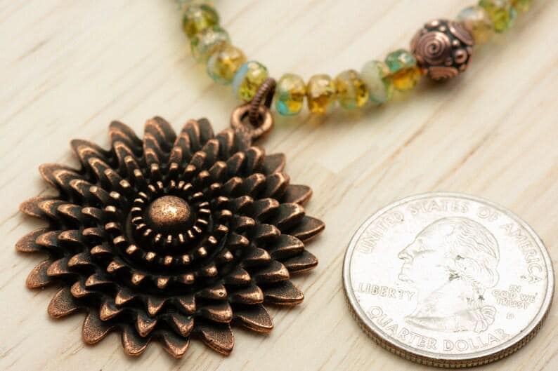 Aqua Gold, Daisy Necklace, Flower Pendant, Copper Chain, Toggle Clasp Necklace, Handmade Beaded Jewelry