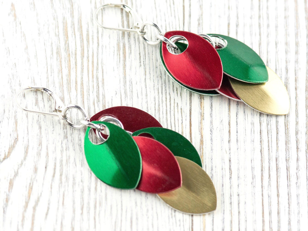 Red, Green and Gold Christmas Earrings, Handmade Sterling Silver Earrings, Holiday Jewelry