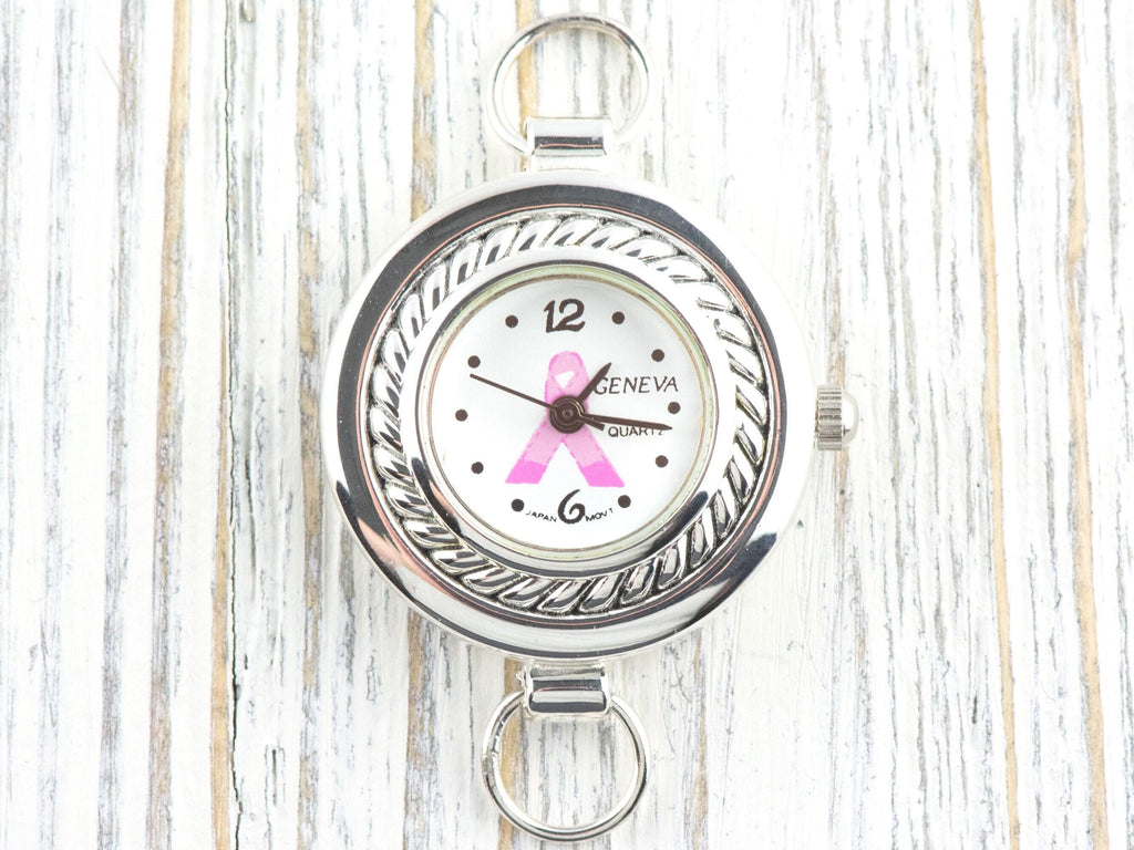 Pink Ribbon Silvertone Round Rope Frame Watch Face • White Dial • DIY Beading Watch • Jewelry Making • Analog • Loops and Battery Included
