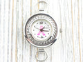 Pink Ribbon Silvertone Round Rope Frame Watch Face • White Dial • DIY Beading Watch • Jewelry Making • Analog • Loops and Battery Included