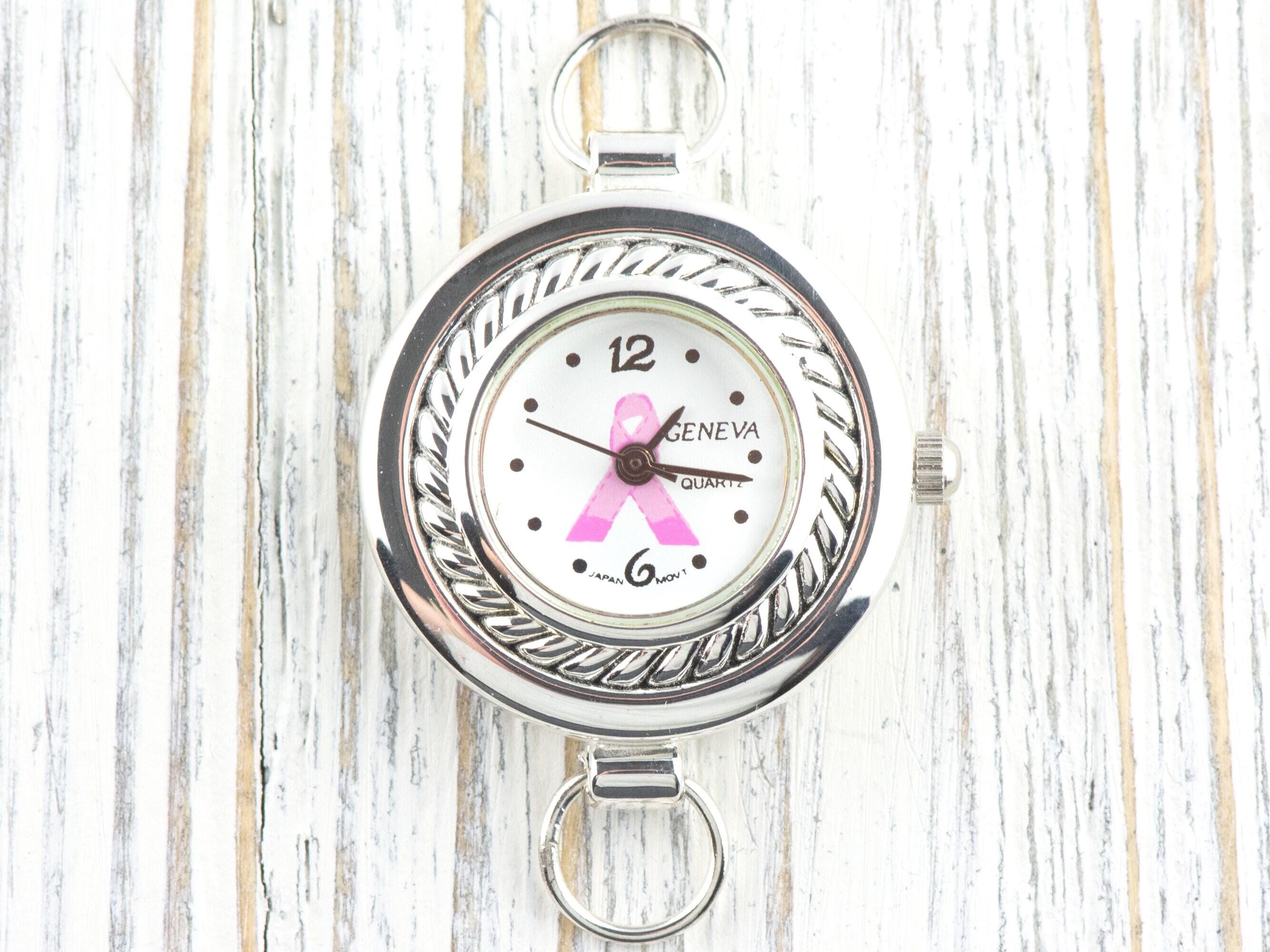 Pink Ribbon Silvertone Round Rope Frame Watch Face • White Dial • DIY Beading Watch • Jewelry Making • Analog • Loops and Battery Included