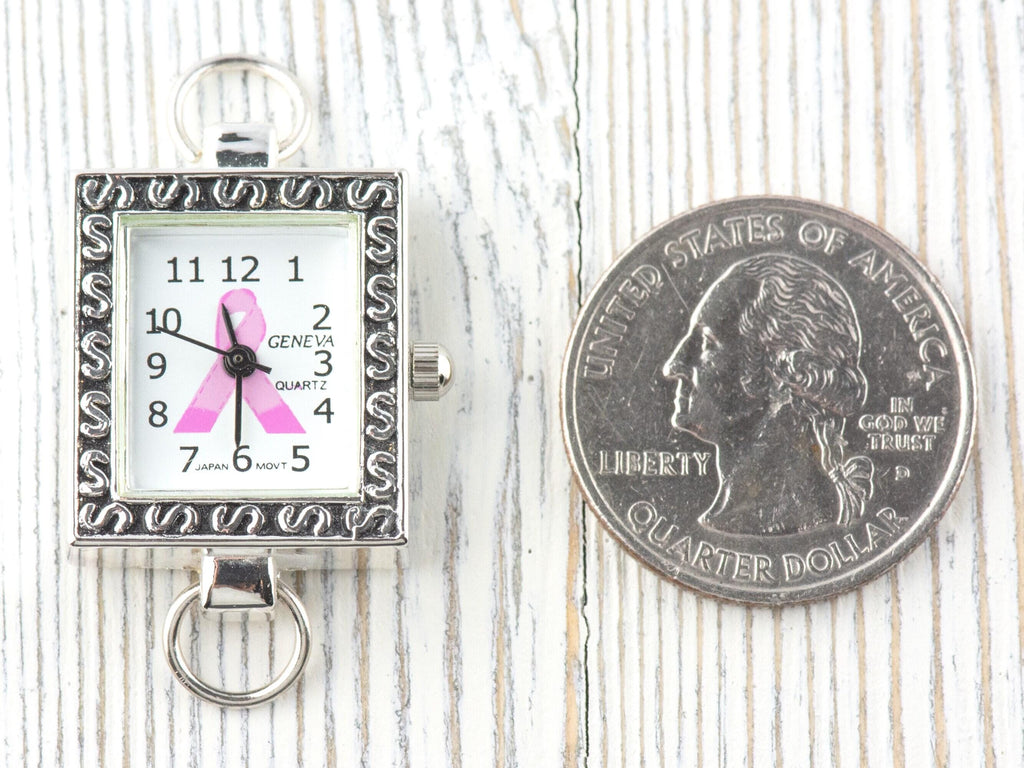 Pink Ribbon Silvertone Square Watch Face • White Dial • DIY Beading Watch • Jewelry Making • Analog • Loops and Battery Included