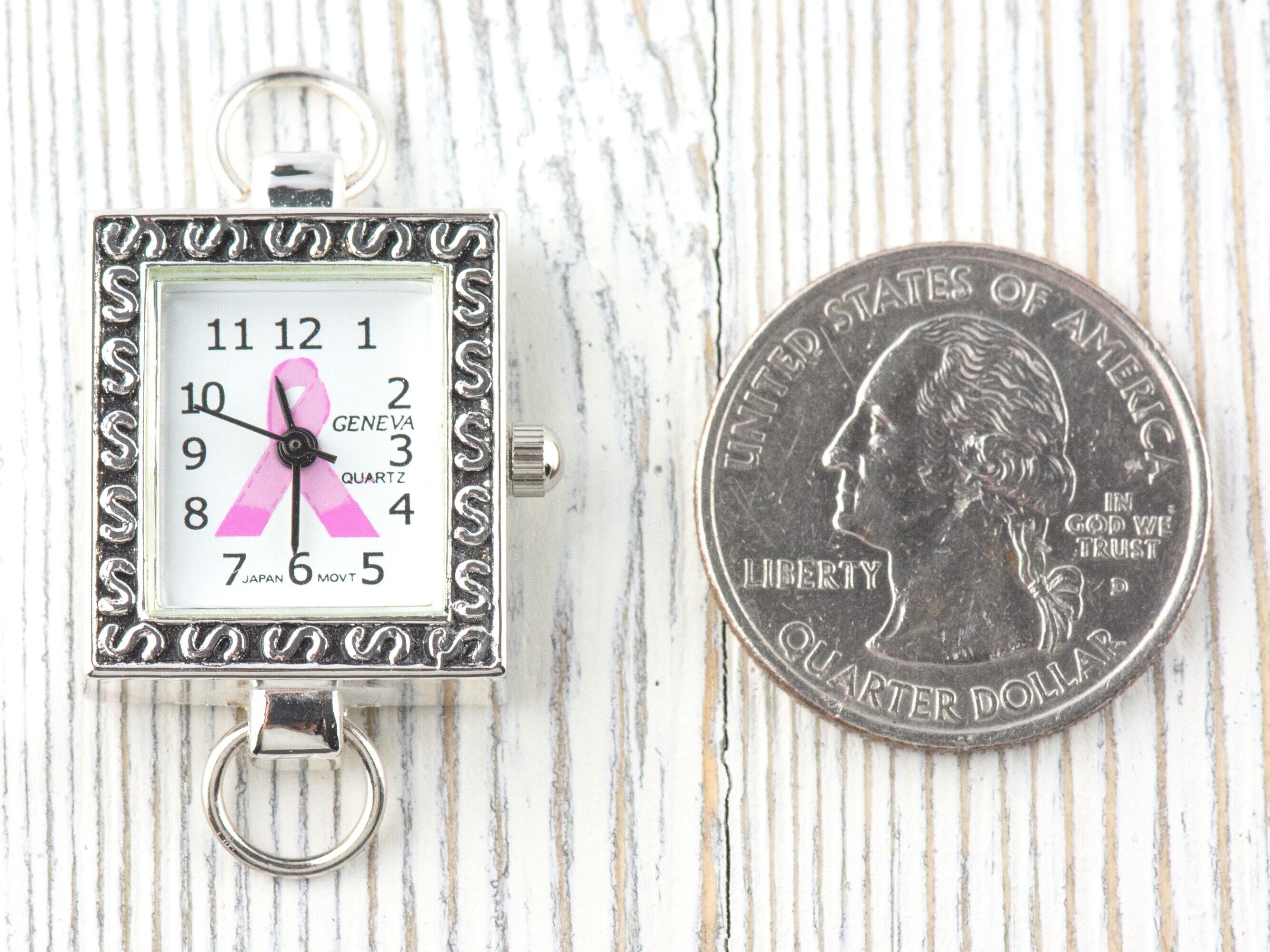 Pink Ribbon Silvertone Square Watch Face • White Dial • DIY Beading Watch • Jewelry Making • Analog • Loops and Battery Included