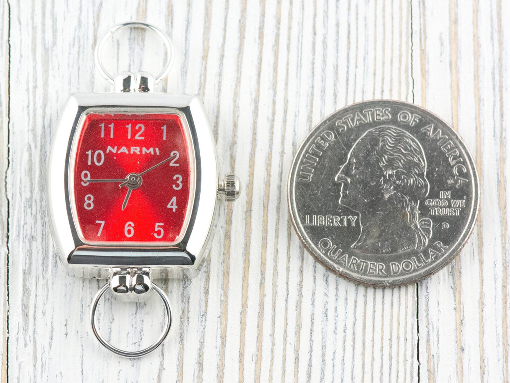 Red Dial Silvertone Square Rectangle Watch Face • DIY Beading Watch • Jewelry Making • Analog • Loops and Battery Included