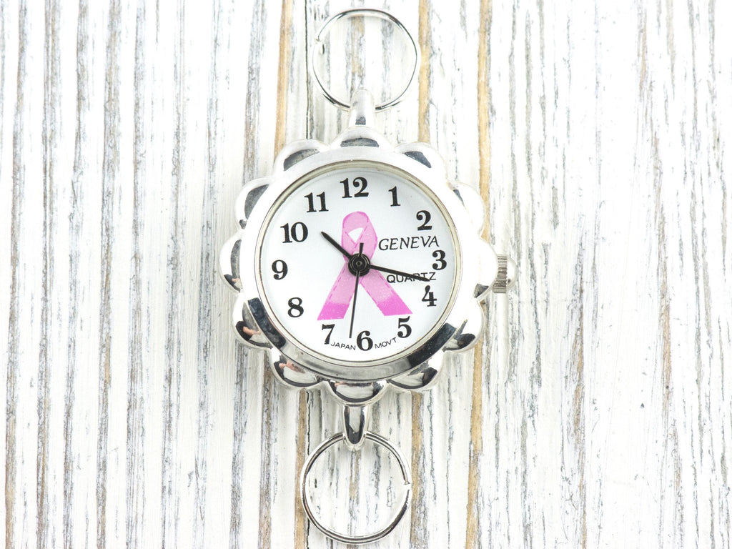 Pink Ribbon Silvertone Flower Watch Face • White Dial • DIY Beading Watch • Jewelry Making • Analog • Loops and Battery Included