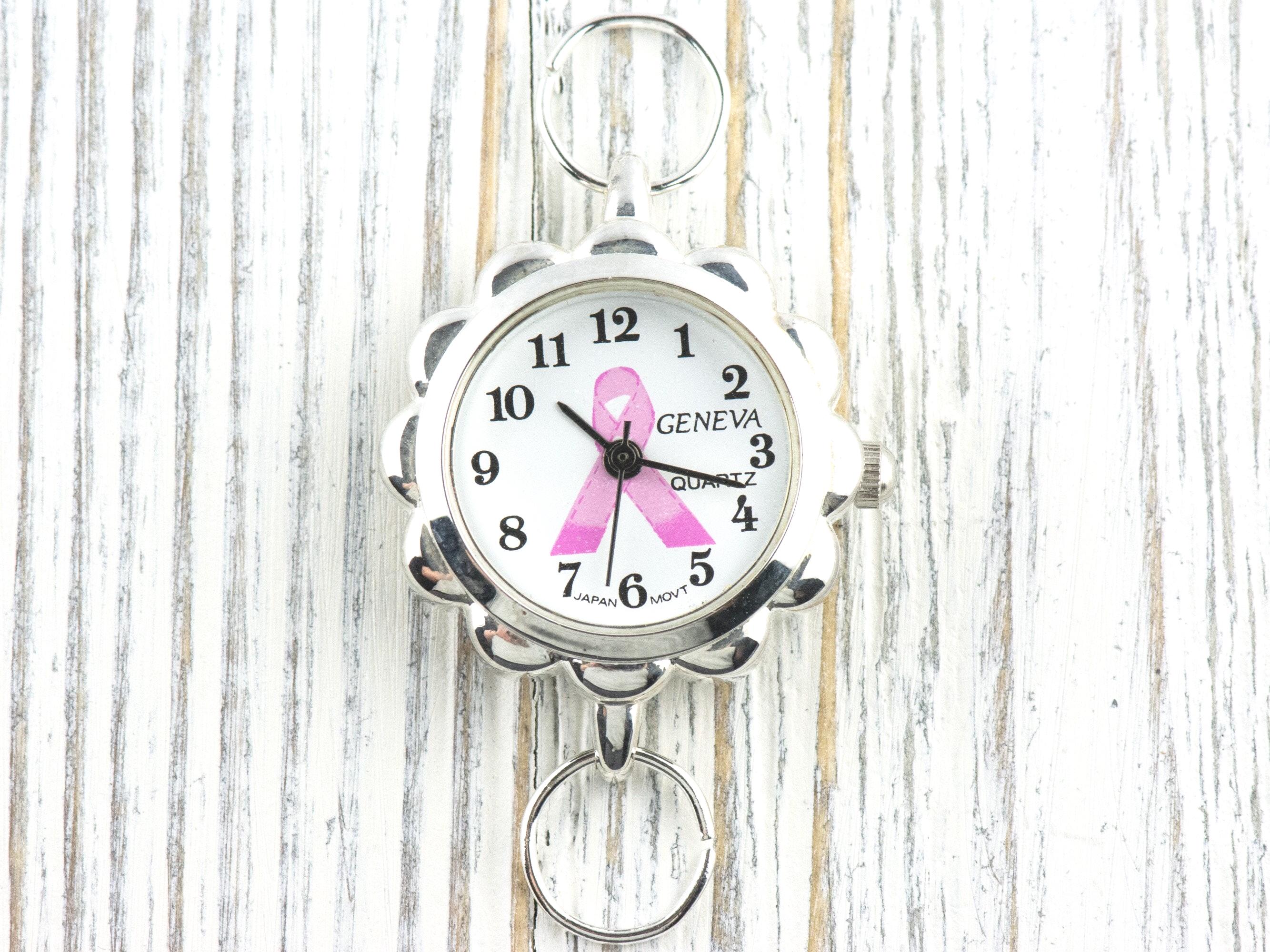 Pink Ribbon Silvertone Flower Watch Face • White Dial • DIY Beading Watch • Jewelry Making • Analog • Loops and Battery Included