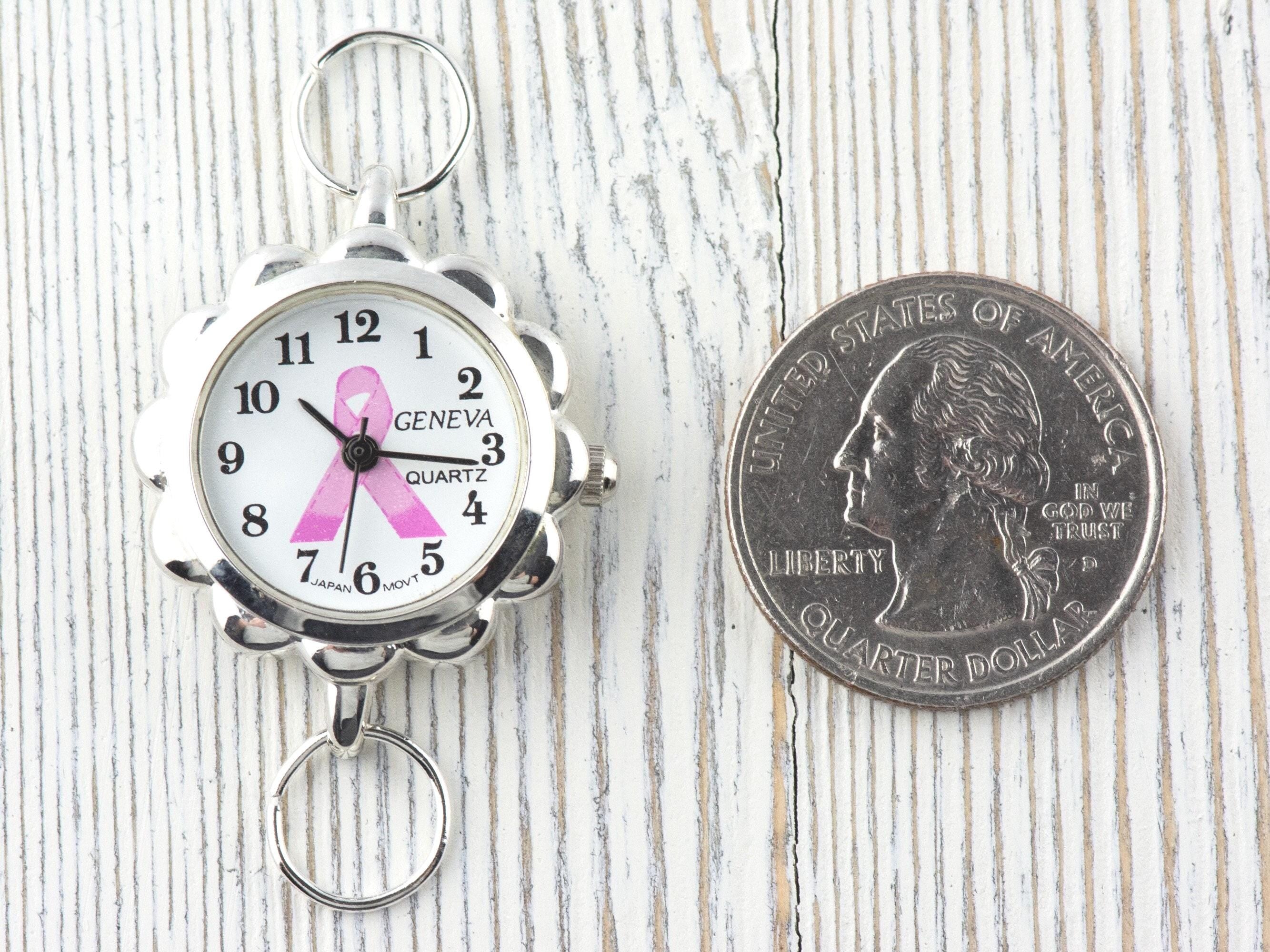 Pink Ribbon Silvertone Flower Watch Face • White Dial • DIY Beading Watch • Jewelry Making • Analog • Loops and Battery Included