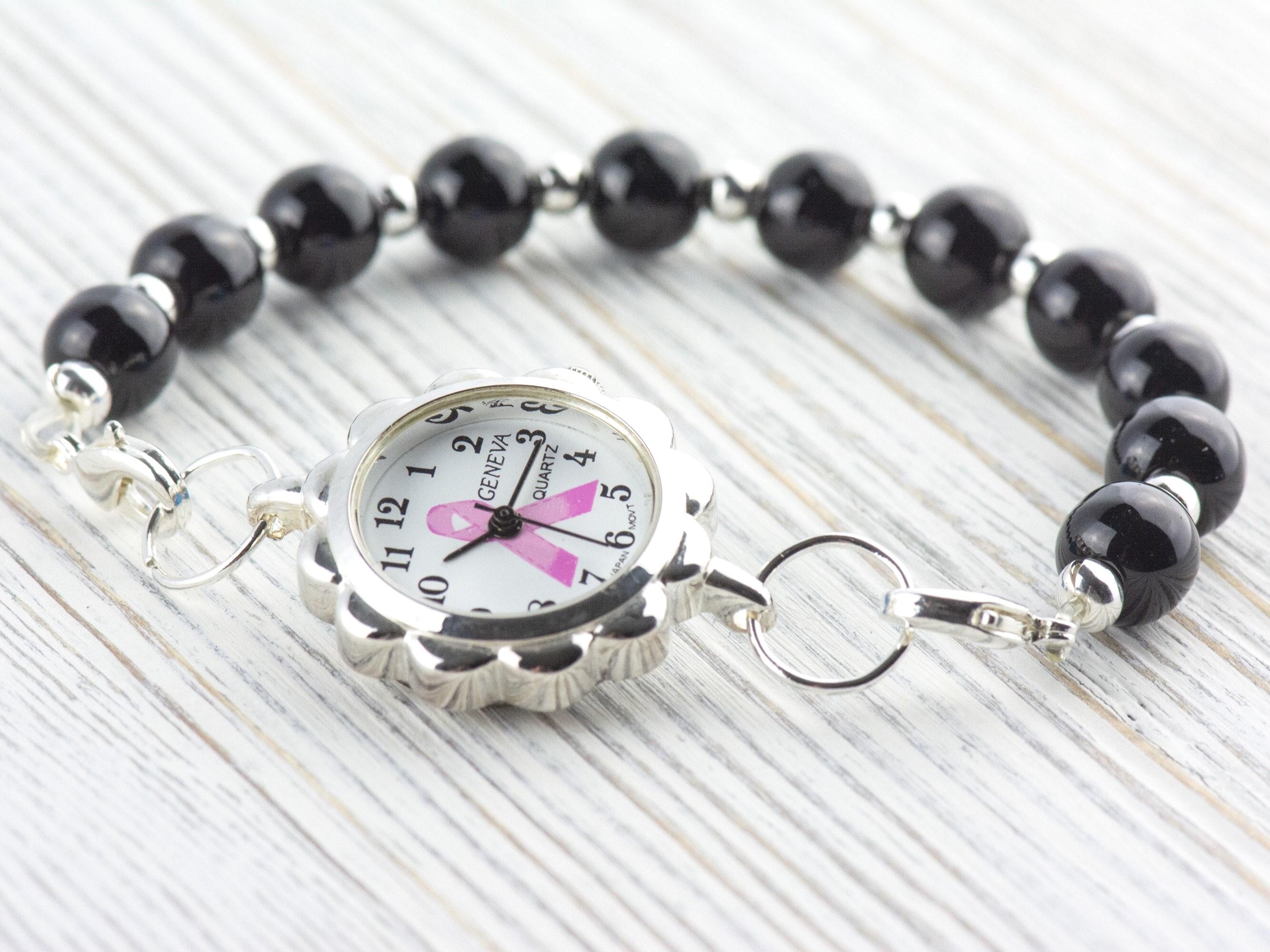Pink Ribbon Silvertone Flower Watch Face • White Dial • DIY Beading Watch • Jewelry Making • Analog • Loops and Battery Included