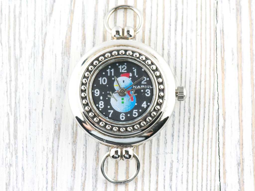Watch Face, White Snowman, Round Silvertone, Black Face, Christmas Watch Face
