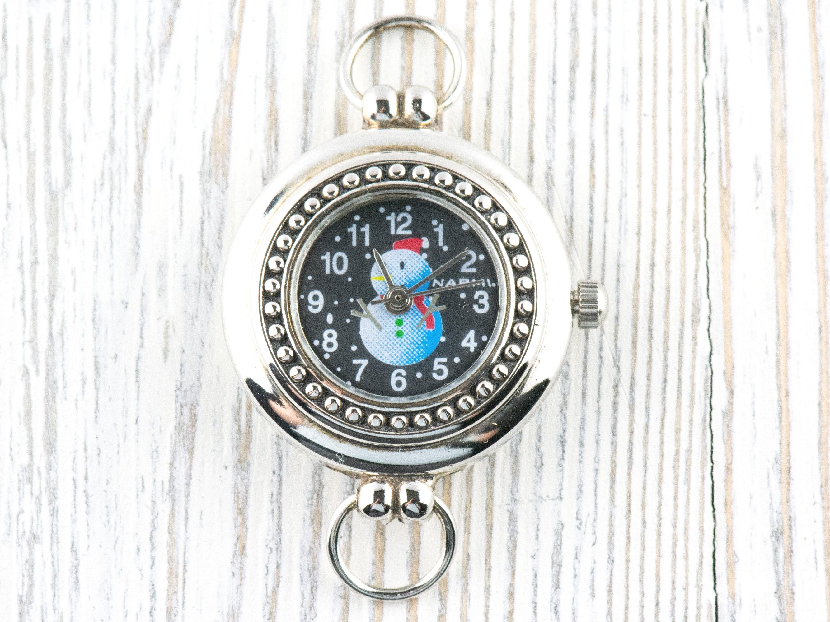 Watch Face, White Snowman, Round Silvertone, Black Face, Christmas Watch Face