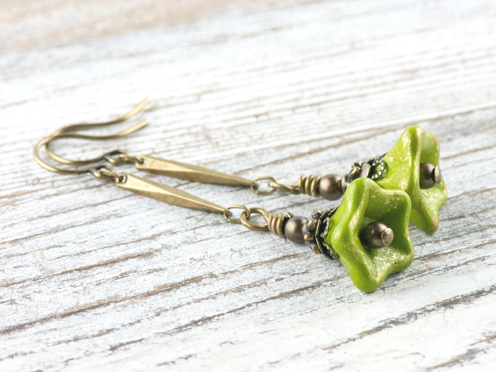 Green Floral Brass Earrings • Czech Glass Flowers • Handmade Earthy Nature Jewelry • Long Earrings