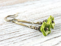 Green Floral Brass Earrings • Czech Glass Flowers • Handmade Earthy Nature Jewelry • Long Earrings