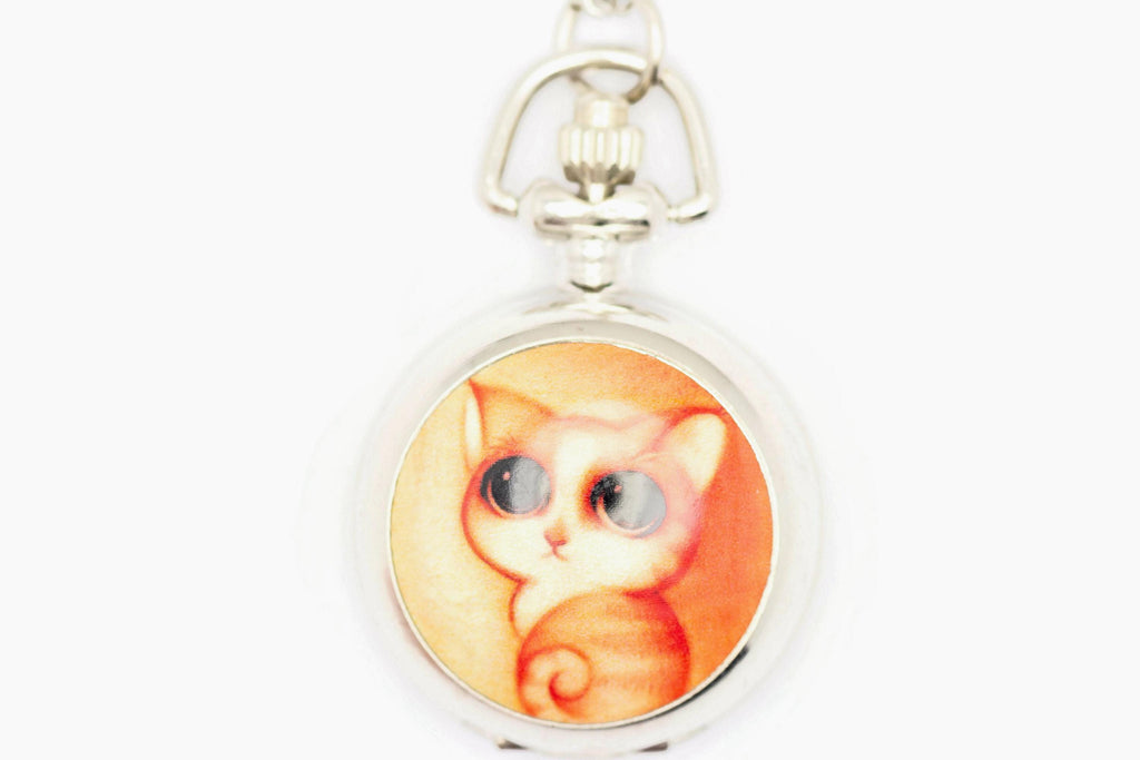 Kitty Print Porcelain, Cat Pocket Watch Necklace, Chain Necklace Watch, Long Necklace Watch, Watch Locket Necklace