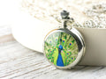Peacock Print Porcelain Pocket Watch Long Necklace / Unique Watches / Nature Inspired Jewelry