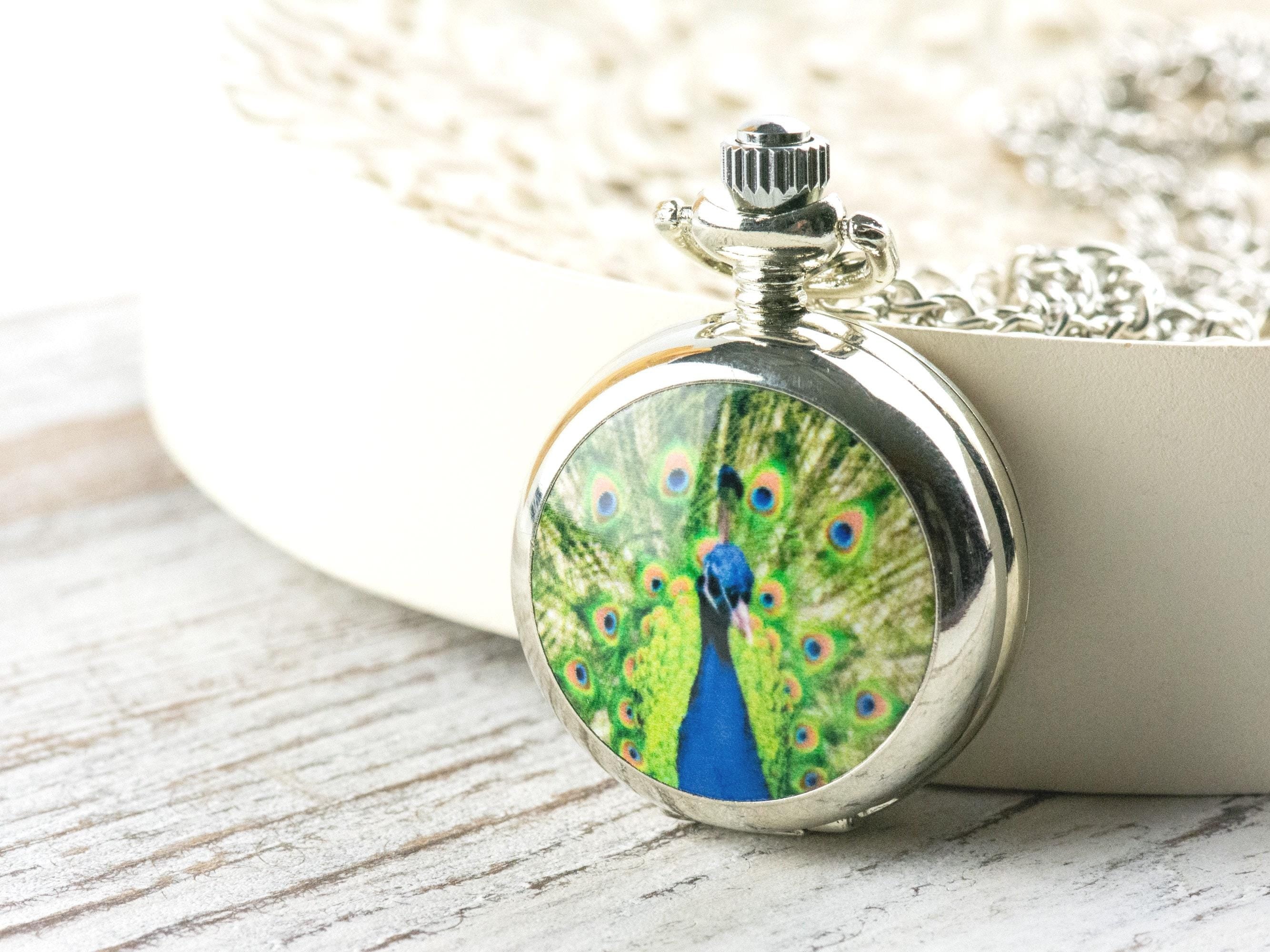 Peacock Print Porcelain Pocket Watch Long Necklace / Unique Watches / Nature Inspired Jewelry