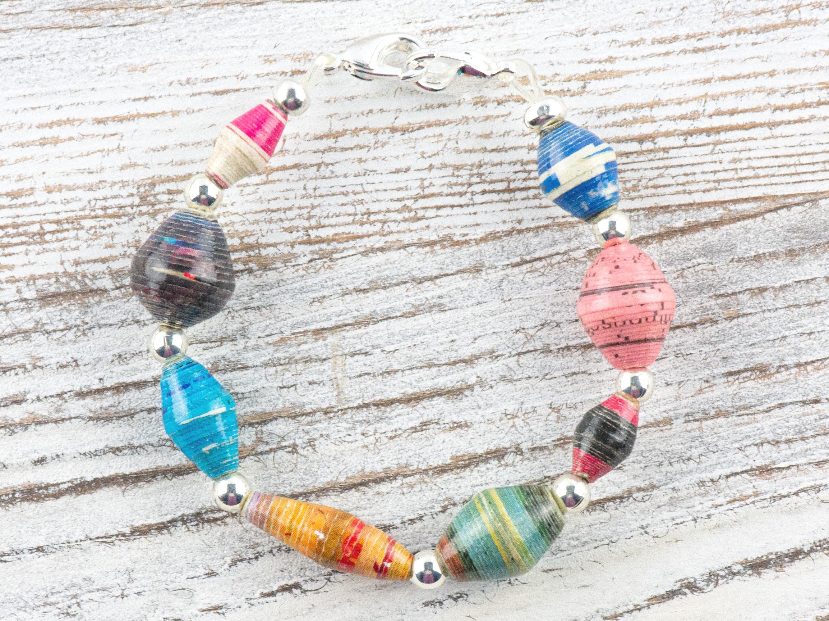 Recycled Paper Beads Interchangeable Stretch Beaded Watch Band • Medical ID Bracelet • Single Strand • Handmade Jewelry