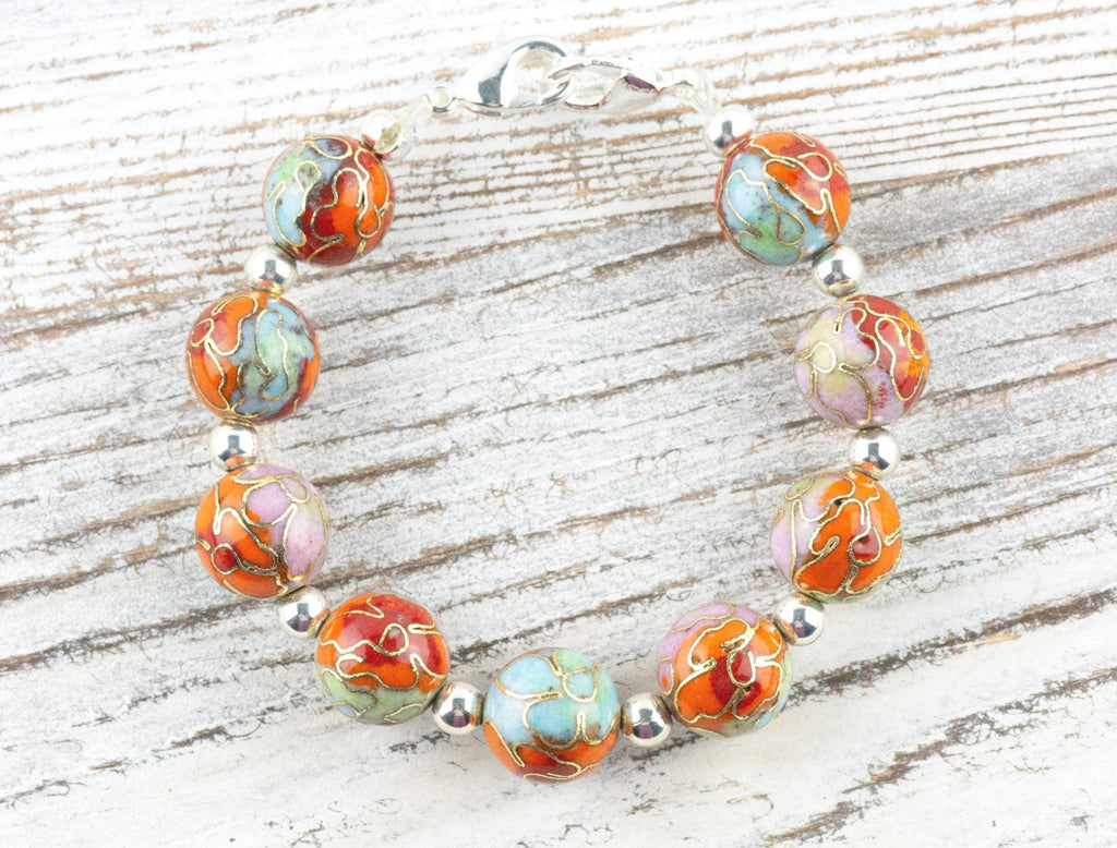 Cloisonne Round Orange Mix Interchangeable Stretch Beaded Watch Band • Medical ID Bracelet • Single Strand • Handmade Jewelry