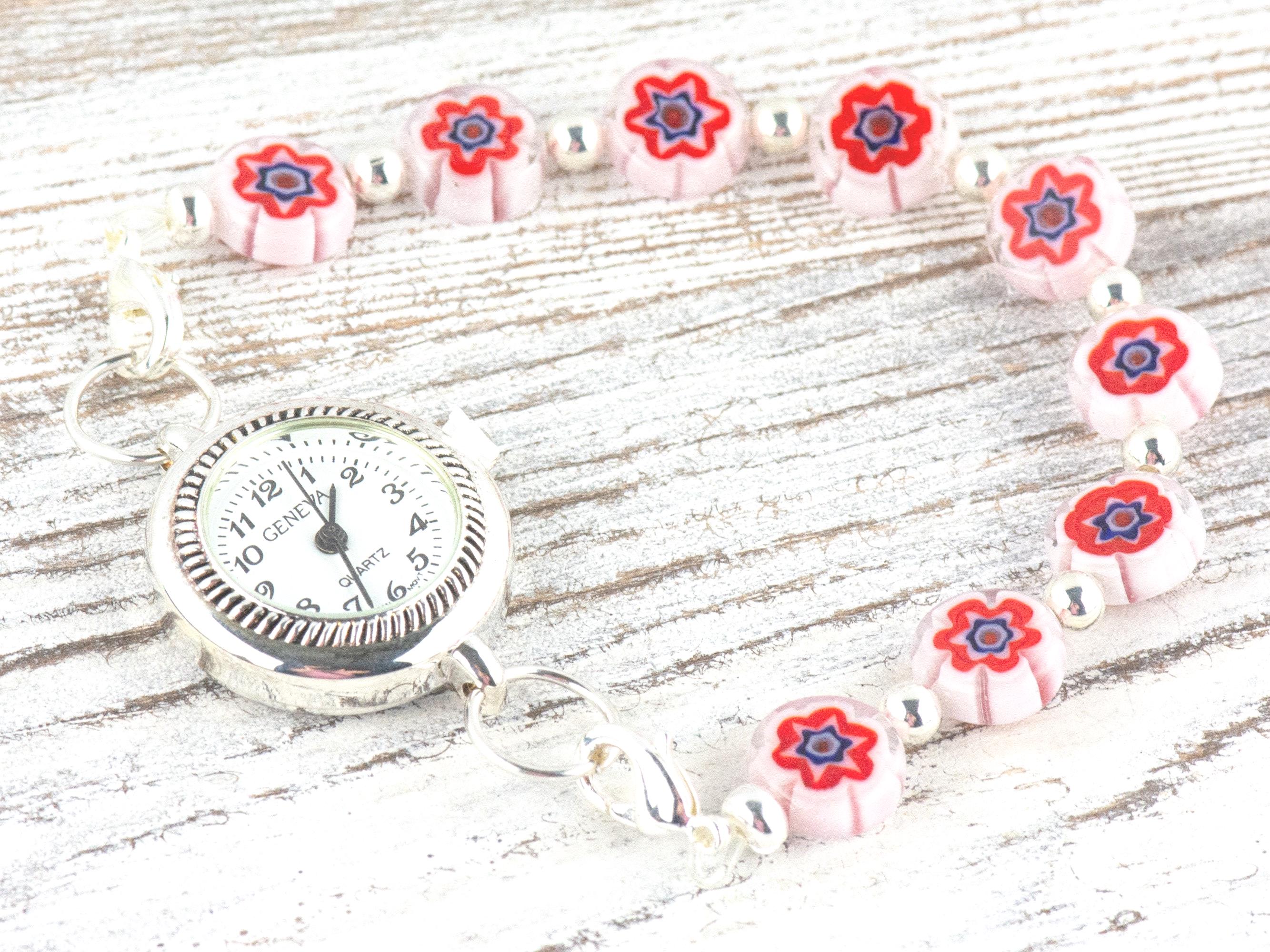 Red Burst Glass Coin Interchangeable Stretch Beaded Watch Band • Medical ID Bracelet • Single Strand • Handmade Jewelry