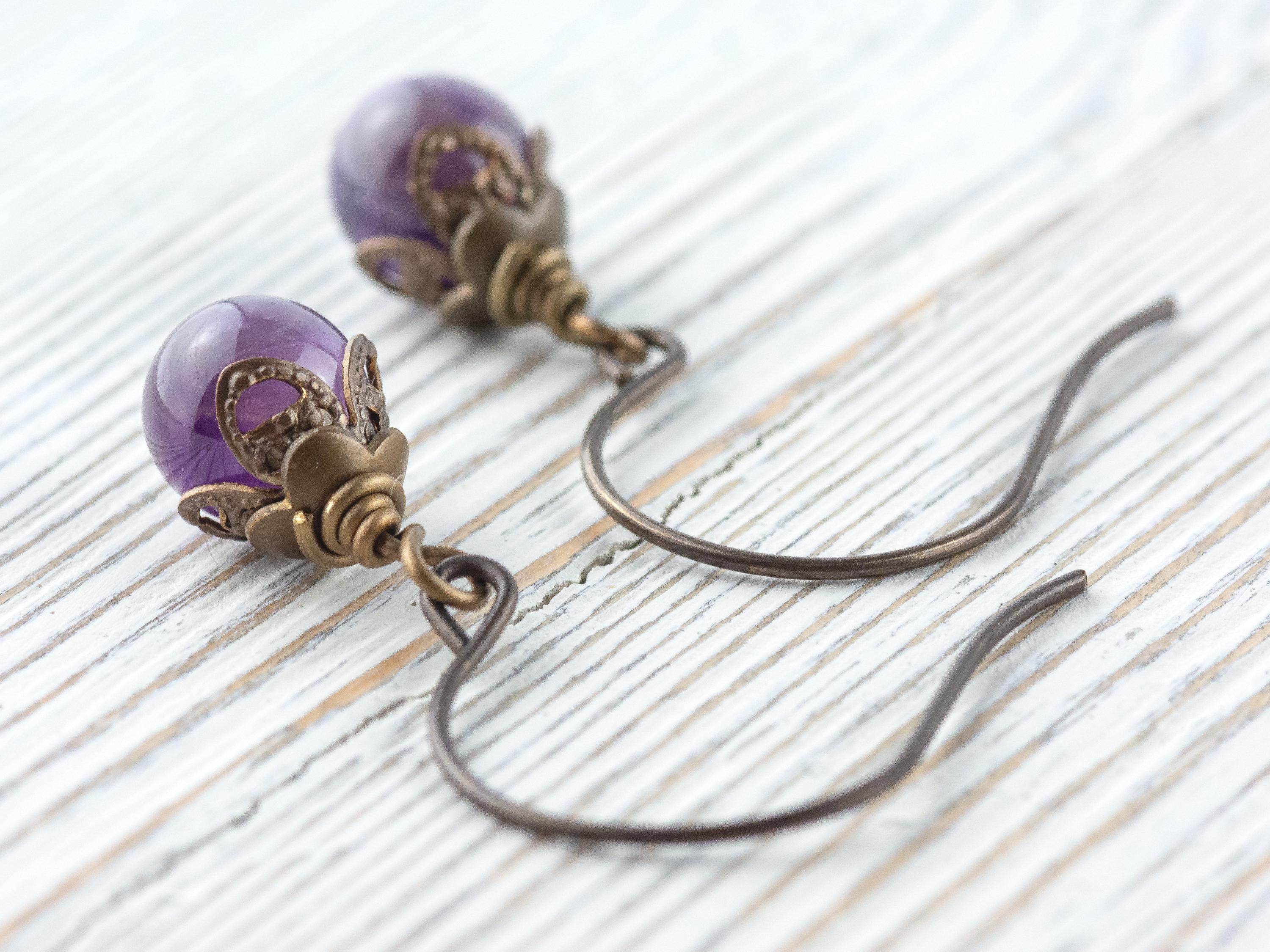Amethyst Gemstone Brass Petal Earrings • Earthy Purple Boho Jewelry • Handmade Dangly Earrings • Jewelry Gift Idea • Nickel-free • Lead-free