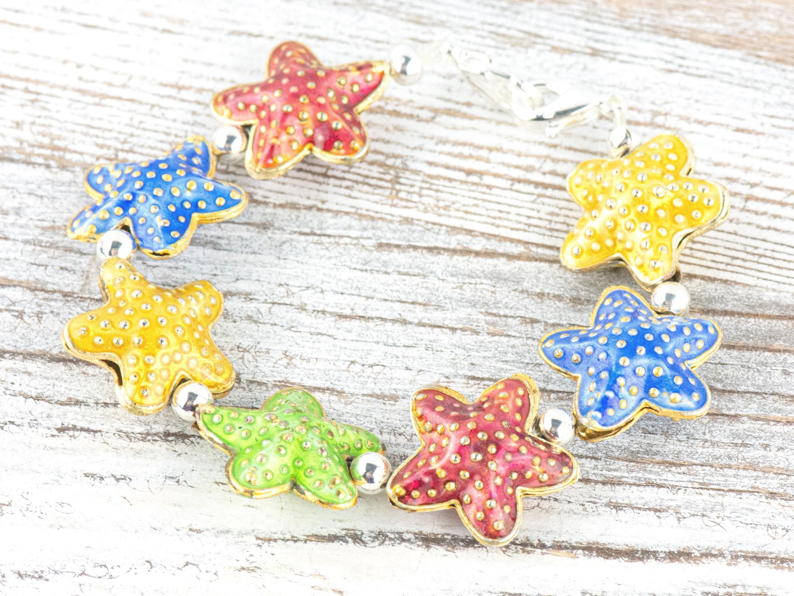 Cloisonne Starfish Mix Interchangeable Stretch Beaded Watch Band • Medical ID Bracelet • Single Strand Band • Handmade Summer Jewelry