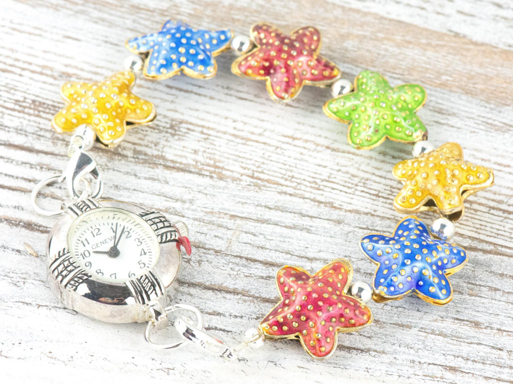 Cloisonne Starfish Mix Interchangeable Stretch Beaded Watch Band • Medical ID Bracelet • Single Strand Band • Handmade Summer Jewelry