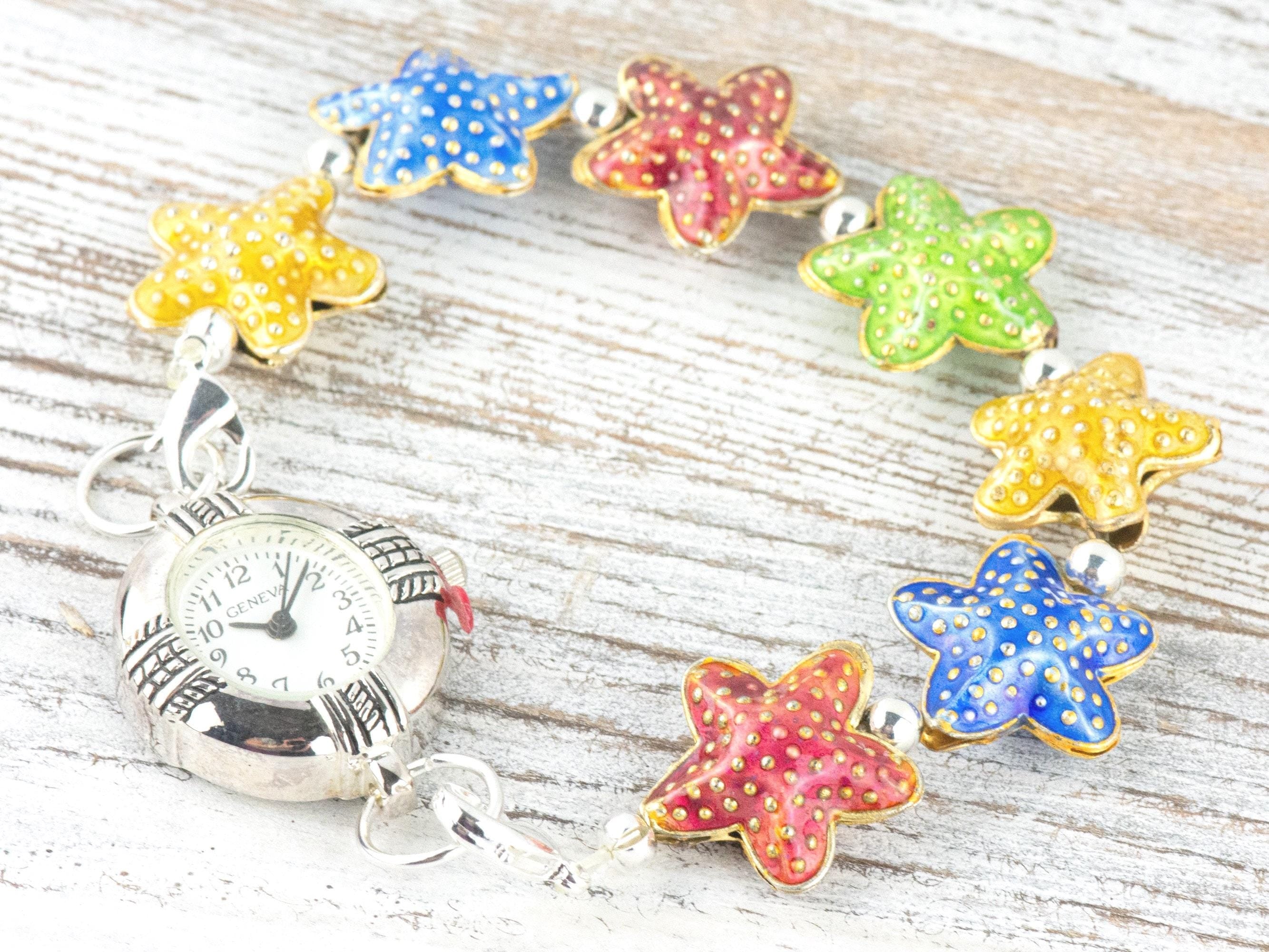 Cloisonne Starfish Mix Interchangeable Stretch Beaded Watch Band • Medical ID Bracelet • Single Strand Band • Handmade Summer Jewelry