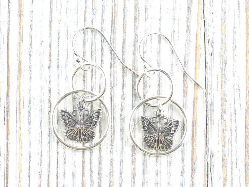 Butterfly Charm .925 Sterling Silver Pierced Hoop Earrings • Simple Minimalist Lightweight Hoops • Comfortable Dainty Hypoallergenic Jewelry