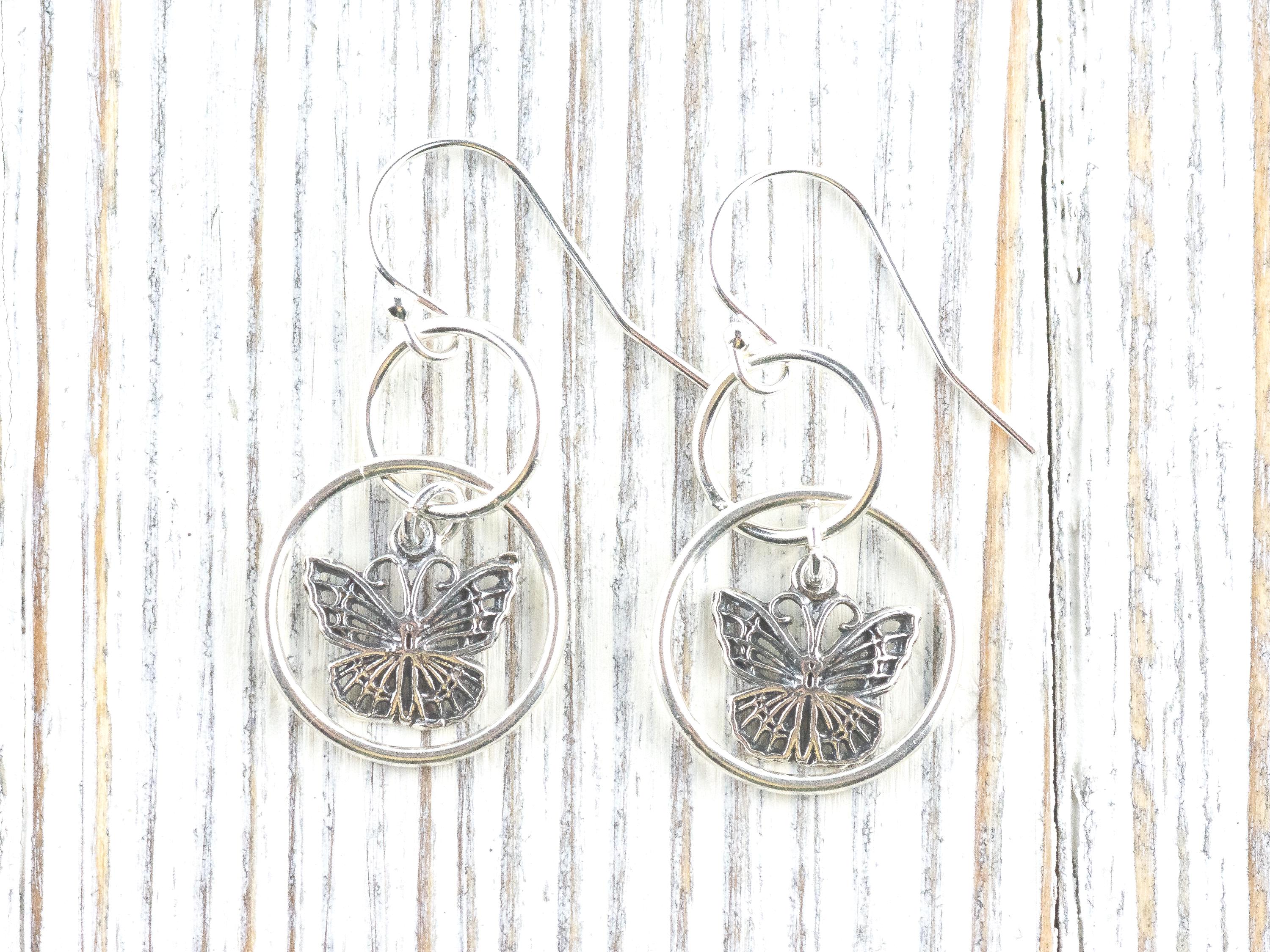 Butterfly Charm .925 Sterling Silver Pierced Hoop Earrings • Simple Minimalist Lightweight Hoops • Comfortable Dainty Hypoallergenic Jewelry