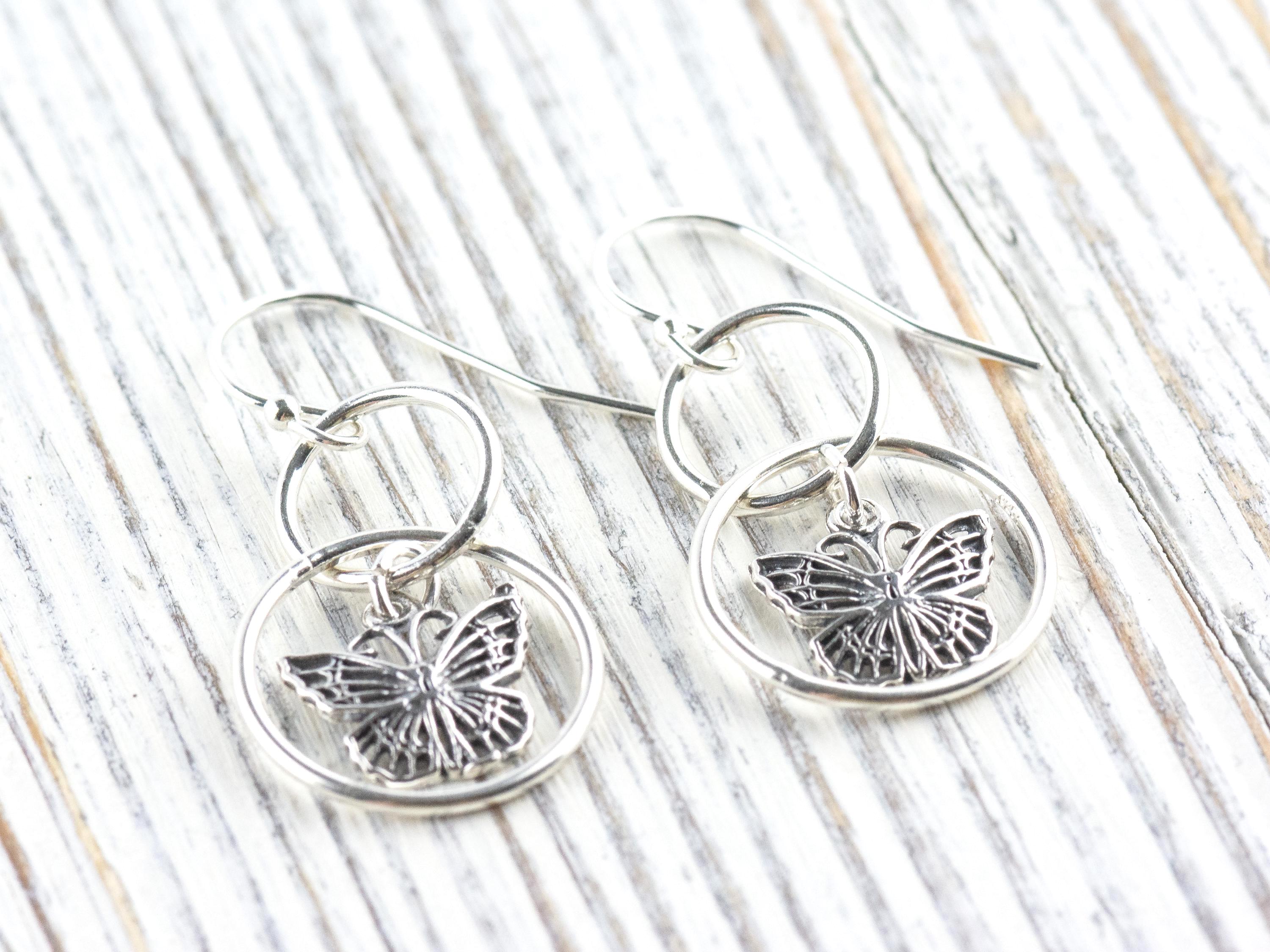 Butterfly Charm .925 Sterling Silver Pierced Hoop Earrings • Simple Minimalist Lightweight Hoops • Comfortable Dainty Hypoallergenic Jewelry