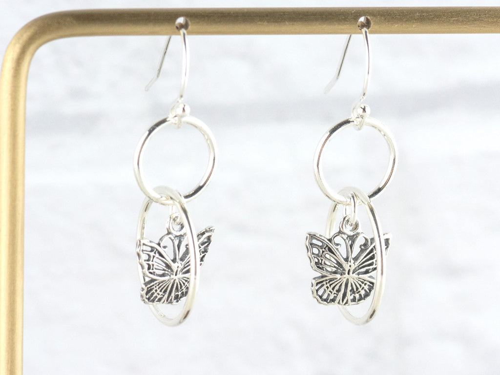 Butterfly Charm .925 Sterling Silver Pierced Hoop Earrings • Simple Minimalist Lightweight Hoops • Comfortable Dainty Hypoallergenic Jewelry