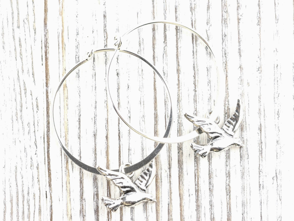 Bird Charm .925 Sterling Silver Pierced Hoop Earrings • Simple Minimalist Lightweight Hoops • Comfortable Dainty Hypoallergenic Jewelry