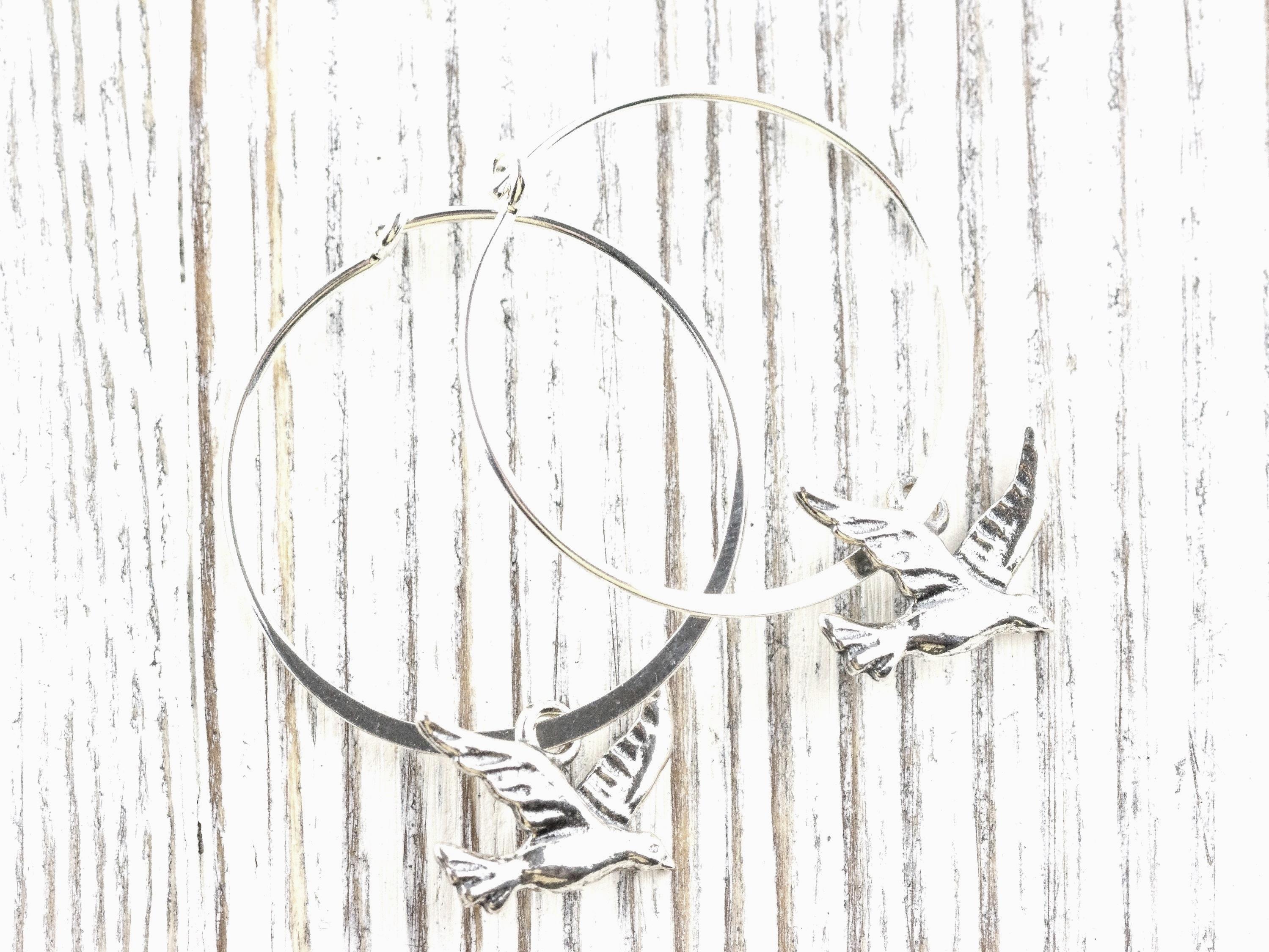 Bird Charm .925 Sterling Silver Pierced Hoop Earrings • Simple Minimalist Lightweight Hoops • Comfortable Dainty Hypoallergenic Jewelry