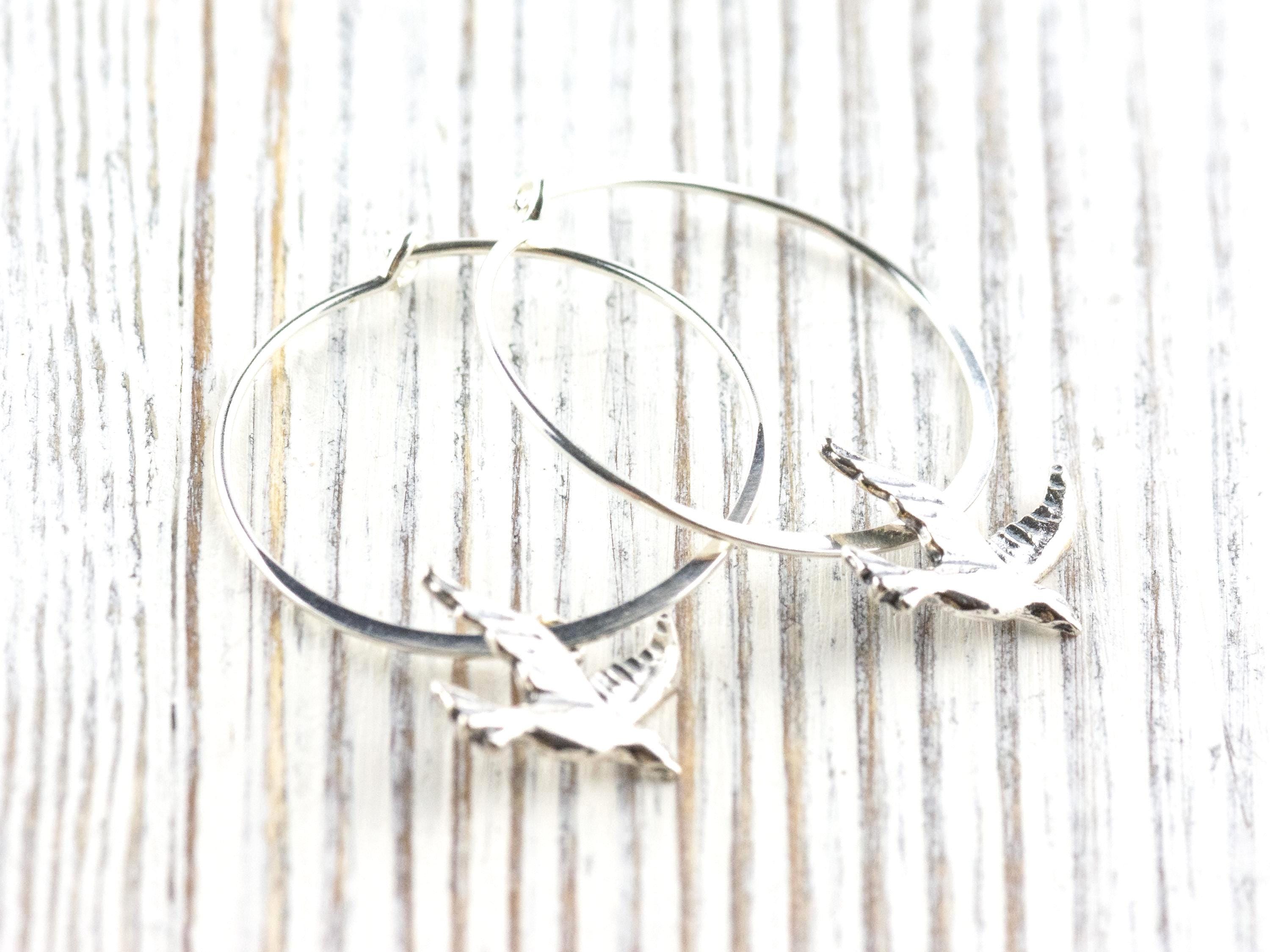 Bird Charm .925 Sterling Silver Pierced Hoop Earrings • Simple Minimalist Lightweight Hoops • Comfortable Dainty Hypoallergenic Jewelry
